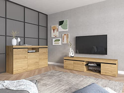 Skraut Home | Set Naturale | Salle à Manger | Meuble auxiliaire | Buffet-Meuble TV 160cm | Finition Couleur chêne Noir Nordique