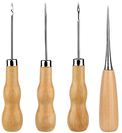 CUHZA 4 Pezzi Punteruoli da Cucito, Punteruolo con Manico di Legno, Perforatore, Punteruolo in Pelle per Cucire, Perforare