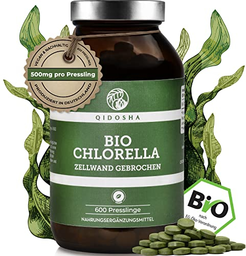 QIDOSHA® Bio Chlorella Presslinge, 600 Stk/Glas, 500mg je Pressling, 100% natürliches Bio-Chlorella vulgaris Pulver aus kontrolliert biologischem Anbau, mit bereits aufgebrochener Zellwand