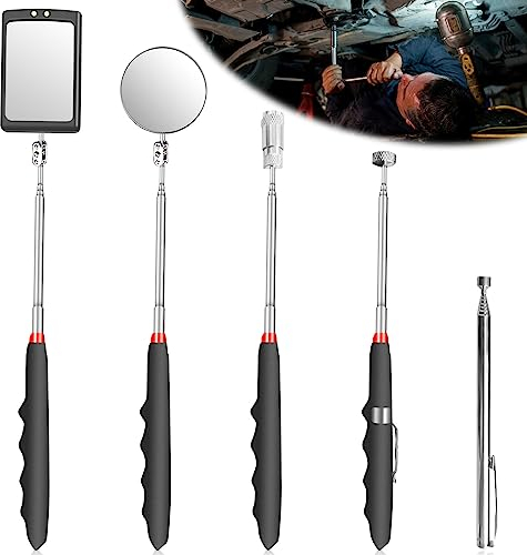 Leikurvo Teleskop Inspektionsspiegel Set: 5-Teilig, Robuster Edelstahl, Multifunktional Magnetisches Aufnahmewerkzeug, LED Beleuchteter Spiegel, Für Profis Und Heimwerker (Ausziehbar 12-89cm)