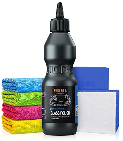 Glaspolitur Set: ADBL Glass Polish + Applikator + Mikrofasertücher - Beseitigung von Kratzern auf Glasoberflächen - Kristallklare Scheiben - Exzenter oder Rotation - Glas polieren, Politur | 6-teilig