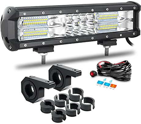 RIGIDON 12 Zoll 32cm 180W LED Arbeitsscheinwerfer Bar mit 12V Kabelbaum und 2 x Arbeitsleuchten Halterung 25mm-50mm für 4x4 Offroad Auto Traktor SUV KFZ Fahrzeuge, 6000K Weiß Led Nebelscheinwerfer