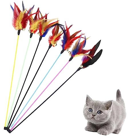 EKKJNQ 7 Stück Katzenangel/Katzenspielzeug,Hochwertiges Federtierspielzeug, tierfreundliches und interaktives Spielzeug. Lebendige Farben, erschwinglich und langlebig.