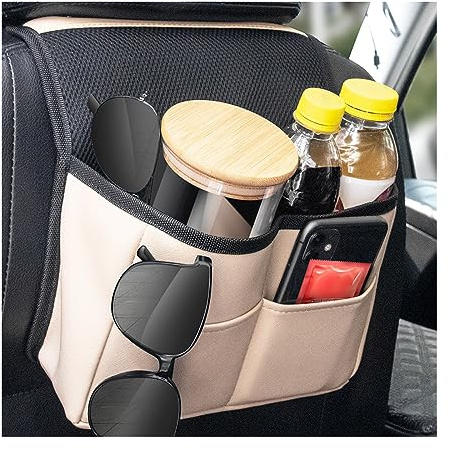 JNNJ KopfstüTze Leder Organizer, PU Material Rücksitz Aufbewahrungstasche, Auto Innenraum Zubehör Multi Staumöglichkeiten Tasche für Telefon Becher(Beige)