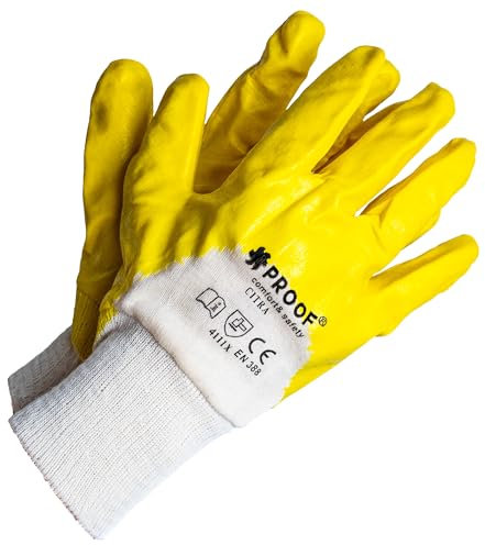 PROOF COMFORT & SAFETY - Gants de travail CITRA, Gants en coton avec revêtement en nitrile jaune, 12 paires en taille 7, de protection résistantsà l'huile et à la graisse