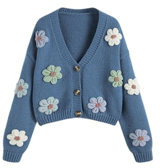 CIDER Women’s Floral Cropped Cardigan Cute Flower V Neck Button Down Trendy Sweater, Blue, Small