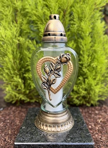 Lanterne funéraire avec fleurs et cœur - Lanterne funéraire - 31,5 cm de hauteur - Décoration funéraire avec 1 bougie incluse