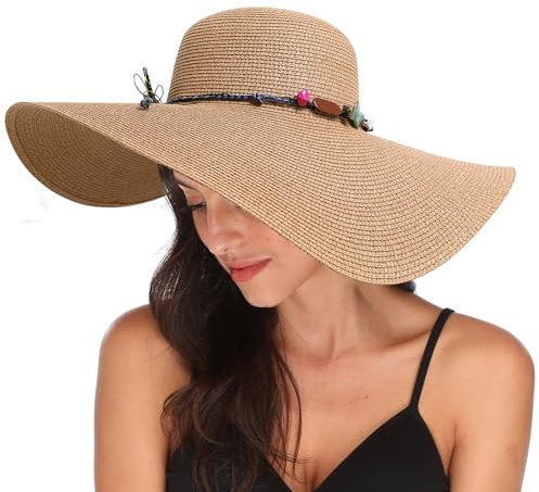 Lanzom Womens Wide Brim Straw Hat Big Floppy Foldable Roll up Cap Beach Sun Hat UPF 50+(Rainbow Bead-Khaki)
