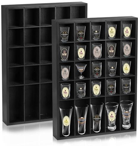 DARCKLE 2 Pcs Black Shot Glass Display Case for Wall, Wooden Shot Glass Shelf with Removable Shelves,Wall Mounted Shadow Box,Minifigures Thimble Collection Display,30 Slots