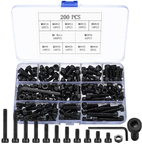 200 pièces Vis à tête creuse M6 noires, vis à boulons de câble à tête, jeu d'acier allié avec écrou, avec rondelles et 2 clés