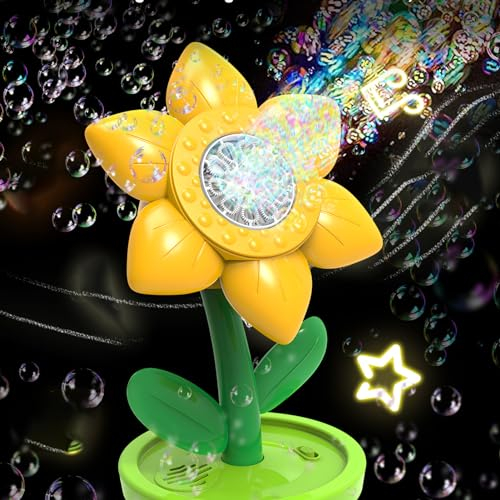 Seifenblasenmaschine Automatische Seifenblasenpistole für Kinder mit LED & Musik, 20.000+ Blasen/Minute, Blumen Seifenblasen Pistole mit Seifenblasen Flüssigkeit, Blasenspielzeug für Kinder (Gelb)