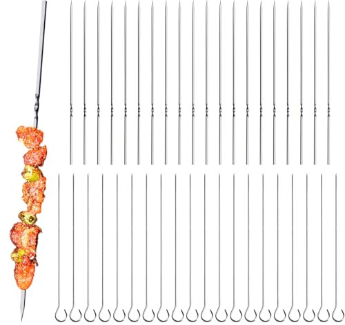HDGSAFD 20 spiedi per barbecue in acciaio inox, 20 spiedini piatti, metallo, argento, 20 cm, spiedini a gancio