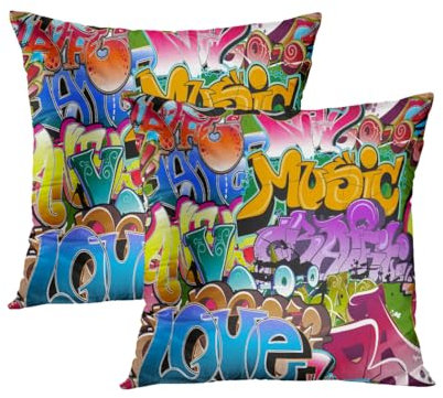 WWOOPLL Set of 2 Cushion Covers 50x50cm, Amazing Abstract Graffiti Wall Street Home Decor Pillowcases Throw Cushions Pillow Covers for Living Room Sofa Couch Bed, 20x20 Inch