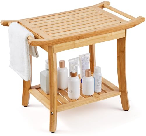 VEVOR Duschbank aus Bambus, 61 x 35 x 48 cm, wasserdichter Duschhocker mit Ablagegriff, 136 kg Tragkraft, Spa-Badesitz-Organizer, für Erwachsene, Senioren, Frauen, ältere Menschen, drinnen und draußen