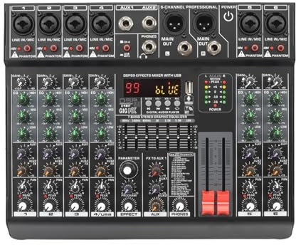 Mezclador de audio profesional Mezclador De Audio For DJ De 6 Canales, Consola Mezcladora Individual De 48V, 2 Salidas Auxiliares, 99 Efectos, USB, , Mesa De Mezcla De Sonido para grabación de estudio