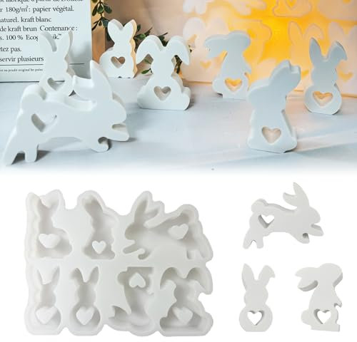 Silikonform Hase Ostern, 3D Silikonformen Gießformen Ostern Hase, Silikonform Frühling, Silikonform Osterhase, 7 Verschiedene Formen Von Osterdekorationen für Hasen(Herzförmige Kaninchenkombination)