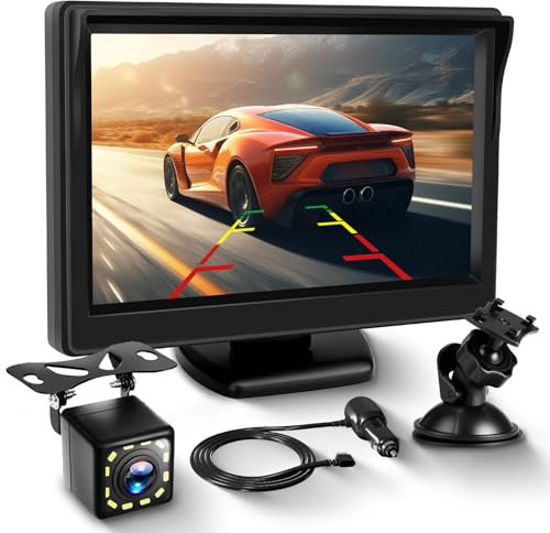 VECHTEL Kit Telecamera Posteriore HD 4.3 Pollici con Telecamera, Telecamera Retromarcia Auto con Cavo da 10M, Supporto Impermeabile IP68 IR Visione Notturna Supergrandangolo Linea di Retromarcia