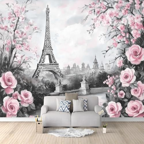 Papier Peint Mural 3D Roses De Paris Romantiques 400x280 cm Papier Peint Murale Panoramique Poster Tapisserie Photo intissé, pour Chambre Salon Personnalisé Murale Décoration