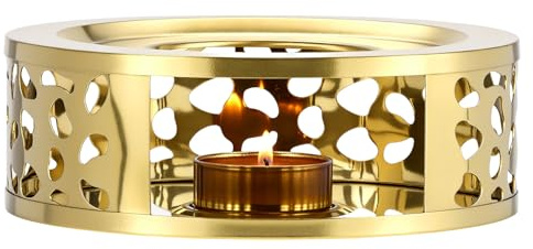 QWORK Tea Kettle Warmer, Brushed Stainless Steel Tea Kettle, Hollow Frame, with Tea Candle Holder, Fits Most Teapots, Gold