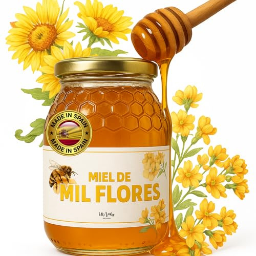IAMI Miel de Mil Flores 500 g | Tarro de Cristal | Miel Cruda de España | Sin aditivos ni tratamiento térmico | Envasada en frío | Para infusiones, yogur y repostería | Remover antes de usar
