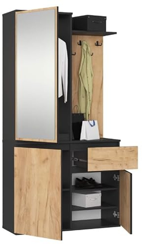 BDW ENTRO Flurgarderobe-Set mit Spiegelschrank, 95 x 183 x 35 cm, Schuhablage, Kleiderhaken, Saal, (Schwarz/Eiche Craft)