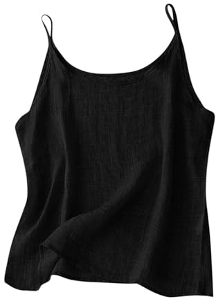 Minetom Débardeur Femme Coton Et Lin Col Rond Sangle Spaghetti Ete Hauts sans Manche Bretelles Camisole Top A1 Noir XL