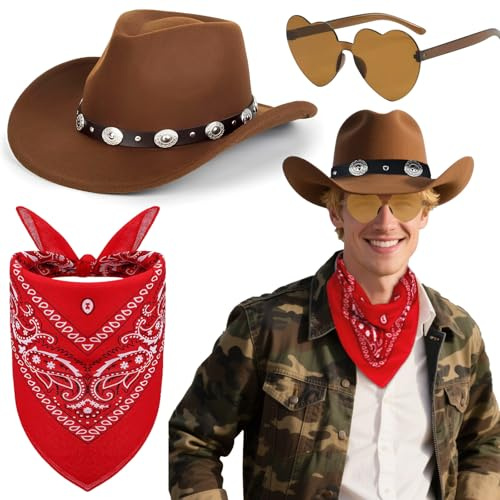 Saier tbo 3 Stück Cowboyhut Accessories Set, Western Cowboy Outfits Zubehör Kit mit Braun Cowboyhut Herzförmiger Sonnenbrille Paisley Bandanas für Damen Herren Halloween Maskeraden Partys