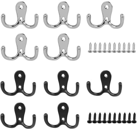 kwinfei 10 Pezzi Doppio Ganci Appendiabiti, Ganci Appendiabiti da Parete in Metallo Argento e Nero, Doppi Ganci da Muro con Viti, come Appendiabiti da Porta, Bagno, Cucina, Ufficio e Armadio