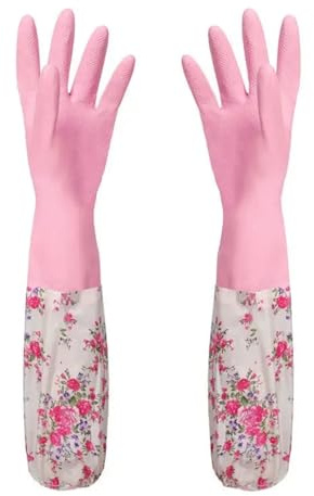 NihaoWXM Household Gloves Flower Rubber Velvet Long Gloves Household Antiskid Washing Cleaning Dish(Pink,General style)