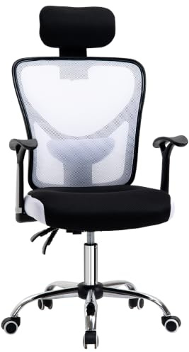 Vinsetto Kontorsstol, kontorsstol, ergonomisk nätstol med höjd och justerbart nackstöd, vilstol och ländryggsstöd, arbetsstol, arbetsstol, arbetsstol, arbetsstol, 120 kg, svart och vit