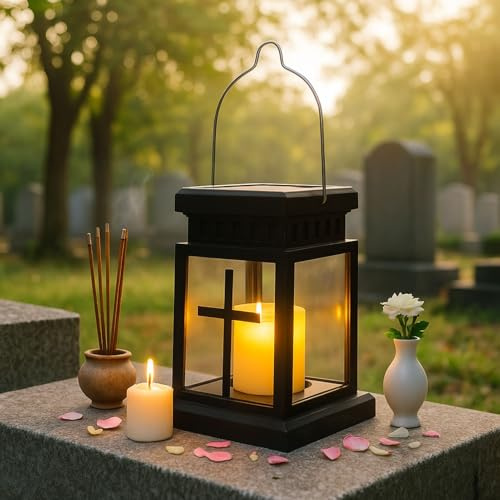 Lanterna funeraria per esterni, resistente alle intemperie, lanterna solare per esterni, giardino, tomba, lampada per tomba, per tomba, colore nero, con candele LED, antivento, piccola lanterna per