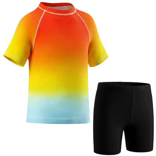 Hoseay Jungen Badeanzug Set Kinder Bademode UV-Schutz Badeshorts und Kurzarm Rashguard-Shirts 2-Teilig Badebekleidung Sets Dehnbar Schwimmanzug Badeset Strand Rafting für 10-11 Jahre, Rot