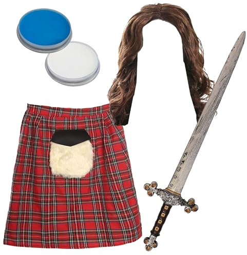 William Wallace-kostym för vuxna – röd tartan kilt, lång brun peruk, falskt svärd, blått och vitt ansikte – vuxna skotsk brinner natt maskeraddräkt