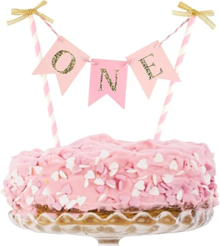 1st Birthday Cake Topper for Girl - Pink Bow with Gold Accents, Non-Toxic Number One Cake Decorations for Baby's First Birthday Party