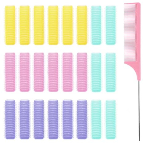 Rulos para el pelo sin calor 24 unidades con peine de cola de ratón, mini rulos autoadherentes pequeños para peinar cabello corto o largo, sin daños, ideales para uso nocturno y diario