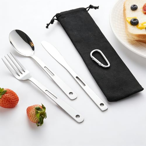 3 Stück Besteck,Edelstahl Sporks Besteckbox,Camping Geschirr,Tragbare Outdoor Besteck mit Karabiner,Löffel Gabel Messer Kombi und Tasche,Wiederverwendbare Reisebesteck Besteckset