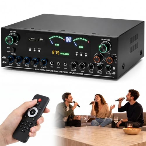 Amplificateur stéréo HiFi 5.1 canaux, puissance de crête 3000 W, caisson de basses home cinéma, amplificateur avec Bluetooth 6.0, lecture USB/SD, 3 entrées microphones, 8 niveaux d'extrémité avec