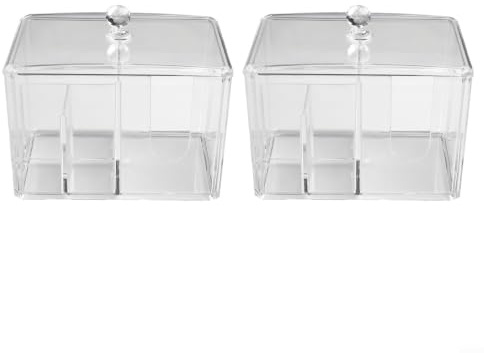 Caja de algodón transparente con tapa, organizador de almacenamiento de cosméticos acrílico para bolas de hisopos, contenedor de tocador de escritorio de 14 x 10 x 9,5 cm (2 unidades)