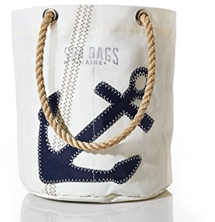 Sea Bags Recycled Sail Cloth Navy Anchor Beverage Bucket Bag Collapsible Cooler, Picnic Bev Cooler - Interior Pockets and Rope Handles Made in the USA