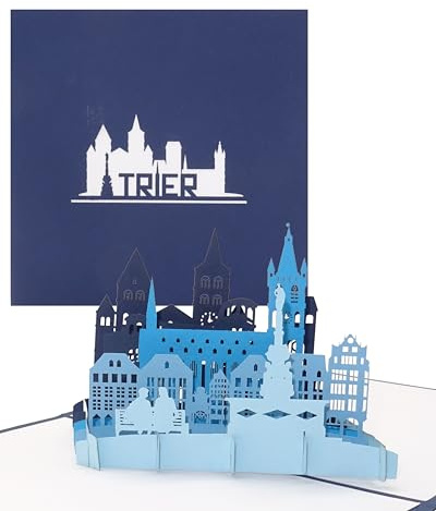 Pop Up Karte „Trier - Panorama mit Dom & Porta Nigra“ - 3D Grußkarte als Souvenir, Geschenk, Geburtstagskarte, Einladungskarte & Gutschein zum Städtetrip