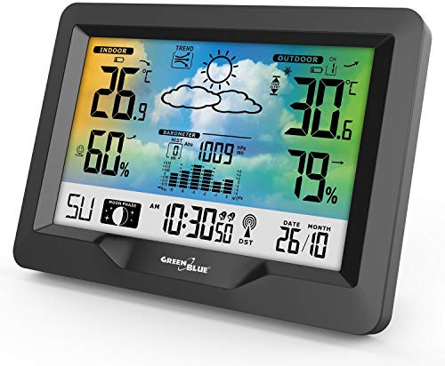 Green Blue GB540 Wetterstation mit Farbdisplay DCF Funkuhr | Innen- und Außentemperatur, Wettervorhersage, Mondphasenanzeige, Außensensor mit LCD-Display