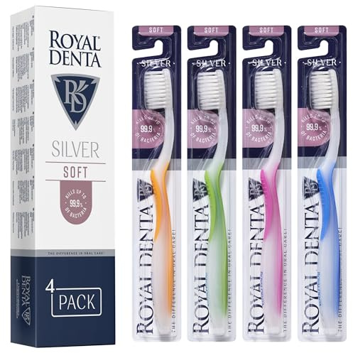 Royal Denta Zahnbürste Weich 4er Pack, weiche Zahnbürste für empfindliche Zähne und Zahnfleisch, Handzahnbürste mit antibakteriellen Silberpartikeln und Doppelborsten, langlebig, Mehrfarbig