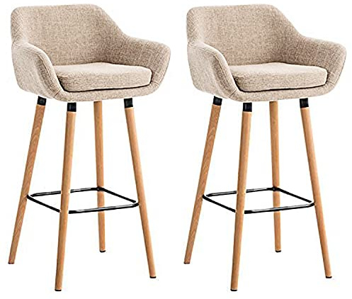 HUOLE Lot de 2 Tabourets de Bar, avec Dossier et Repose-Pieds, Chaise Haute et Rembourrée, Surface en Lin, Hauteur d’Assise de 64 cm, Pieds en Bois Massif, en Tissu matelassé, élégant (Beige)