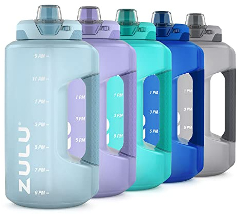 ZULU Goals Large Half Gallon Jug Water Bottle with Motivational Time Marker, Covered Straw Spout and Carrying Handle, 64 Oz | Half gallon leakproof water jug with time markers and locking straw lid. BPA-free, great for gym, work, and all-day hydration