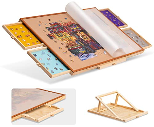 Tektalk tragbarer Puzzletisch mit Lederstange, verstellbarem Ständer/Halterung, transparenter PP-Abdeckung, 4 bunten Sortierschubladen und Flanelloberfläche, für bis zu 1500 Stück