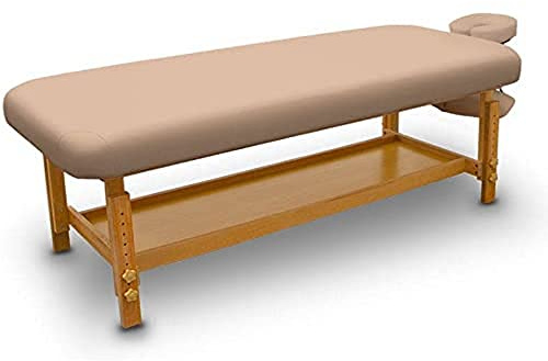 QUIRUMED Fester Massagetisch aus Holz, für SPA, Sandfarbe, Massagebett, Kunstleder, höhenverstellbar, Abnehmbarer Kopf, Armlehnentablett, hochdichte Polsterung