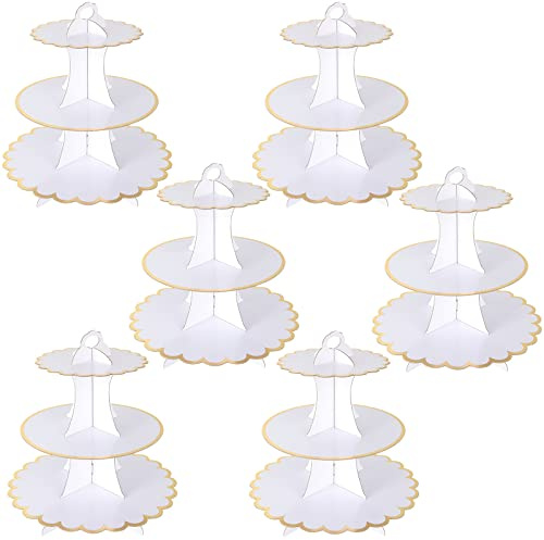JMIATRY Lot de 6 présentoirs à cupcakes en carton à 3 niveaux, blanc, présentoir à gâteaux de l'après-midi, présentoir à thé, fête d'anniversaire, mariage et fête prénatale