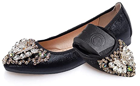 Aoikoy Décolleté Ballerine Pieghevoli da Donna arrotolabili per Abiti da Sposa e Ballerine Pieghevoli con Bellissimi Strass Portatili Slip on Mocassini, Matrimonio, Affari,Casual,A8 Nero,40 EU