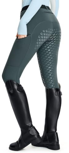 FitsT4 Sports Damen Winterreitleggings Fleece-Reithose Silikon Vollbesatz Reithose mit Reißverschluss-Taschen und Gürtelschlaufen