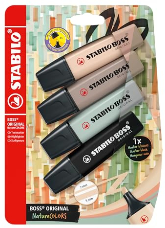 STABILO BOSS ORIGINAL NatureCOLORS - Surligneur - Blister carton x 4 surligneurs - beige rosé, gris taupe, vert eucalyptus, noir - 1 marqueur noir inclus